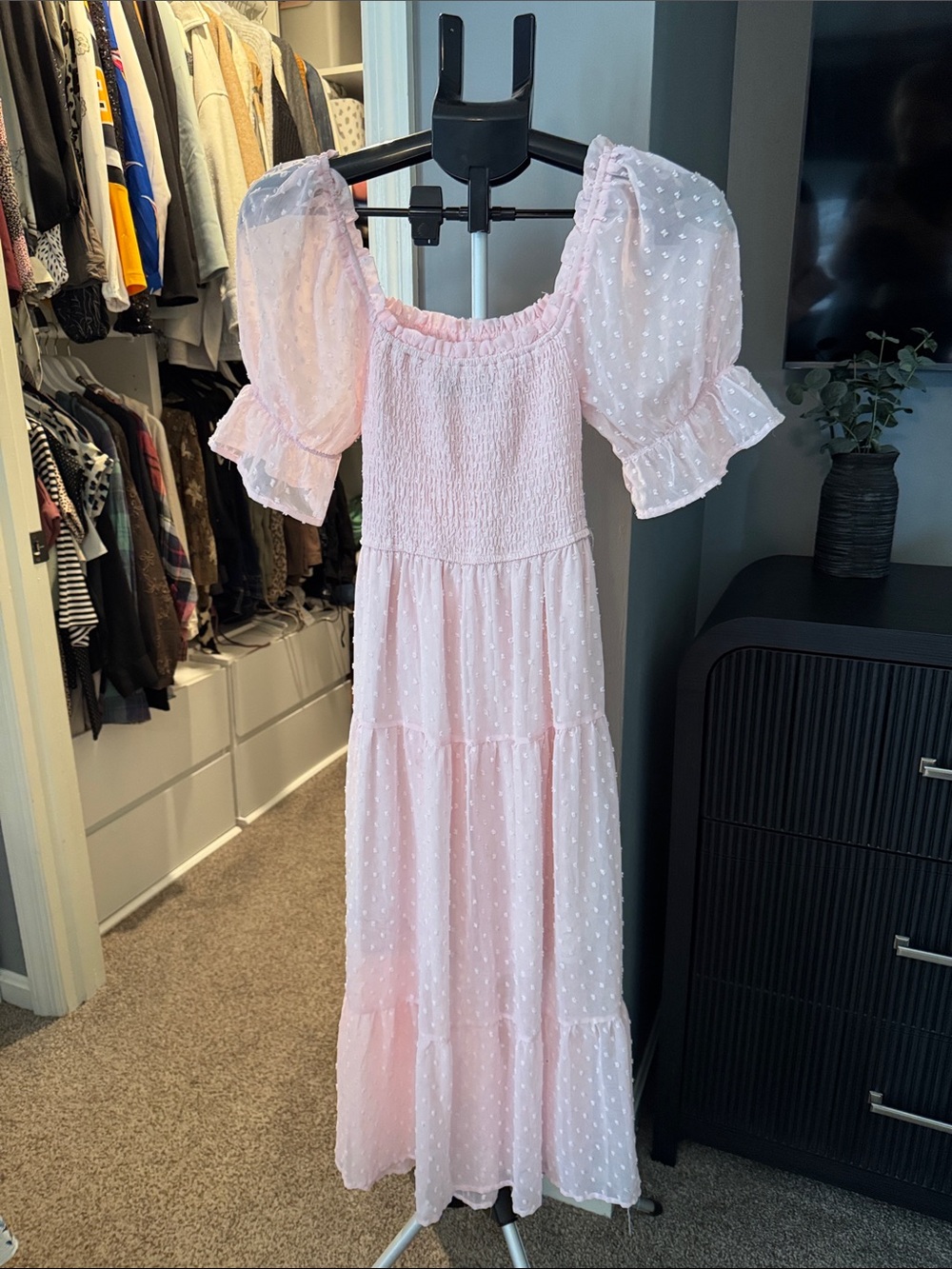 Pink Puff Sleeve Swiss Dot Maxi Dress - Unbranded